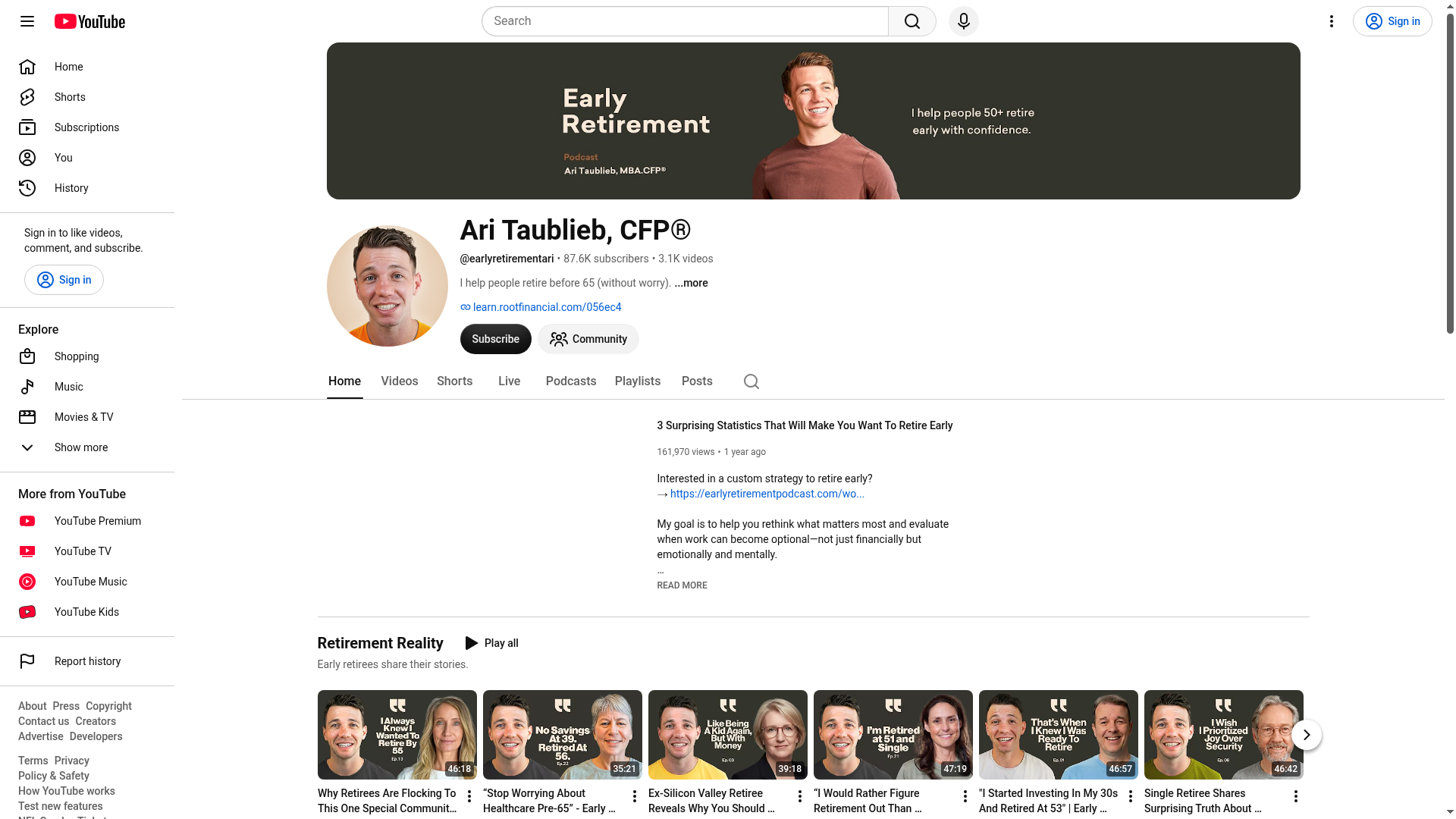 Ari Taublieb CFP YouTube channel homepage