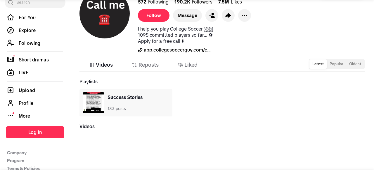 College Soccer Guy TikTok profile with over 190K followers