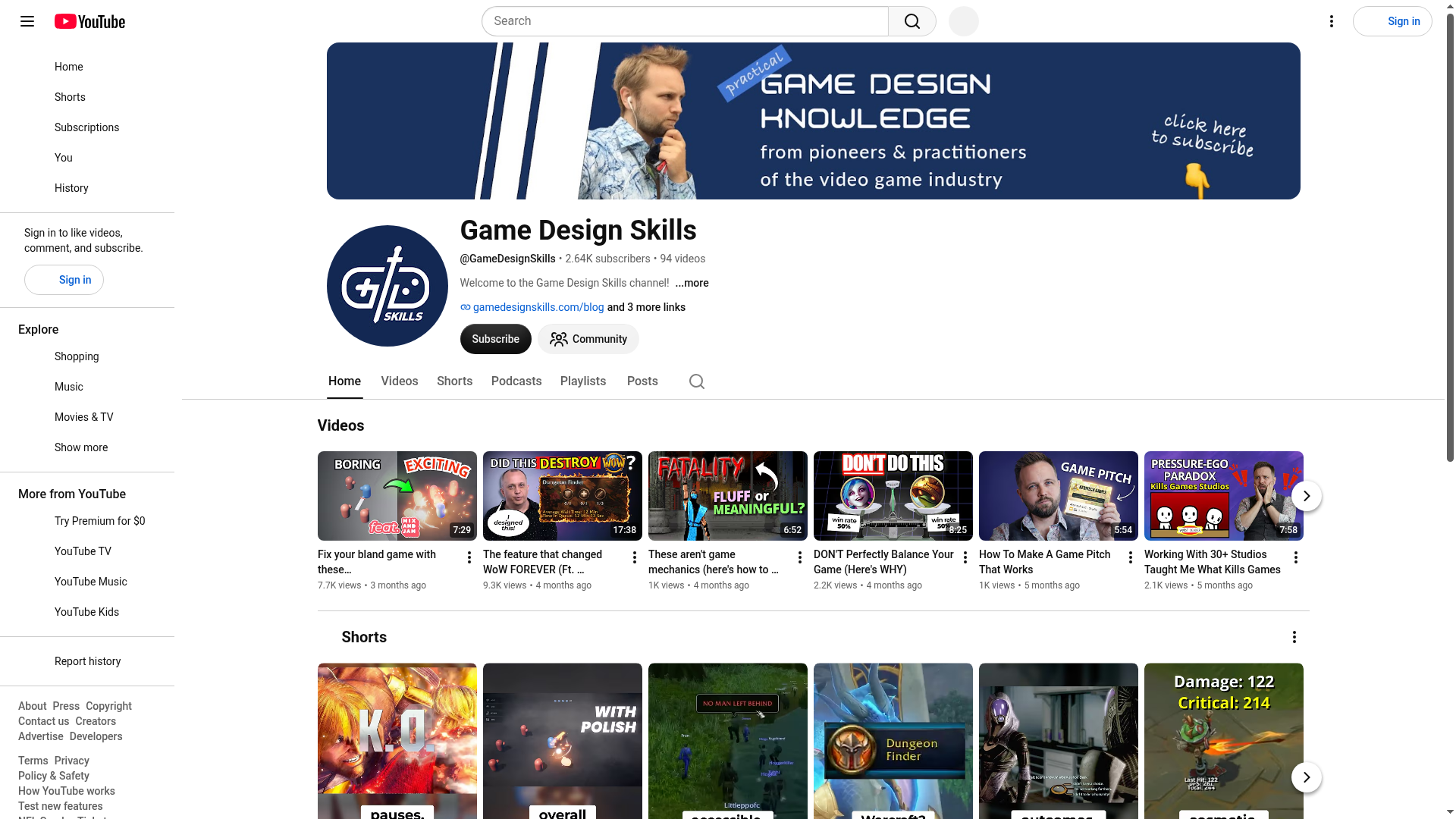 Game Design Skills YouTube channel homepage